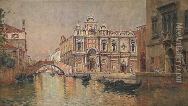 A Venetian Canal Scene With Gondolas In The Foreground Oil Painting - Antonio Maria de Reyna Manescau