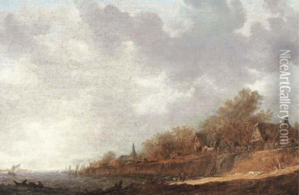 A Village At The Banks Of A River Oil Painting - Jan van Goyen