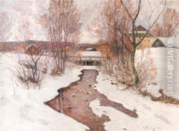 Vinterlandskap Med Byggnader Och Vattendrag Oil Painting - Anton Genberg