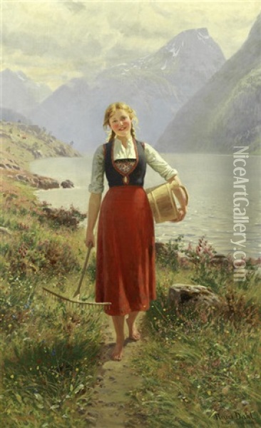 Portrait Of A Young Norwegian Girl Oil Painting - Hans Dahl
