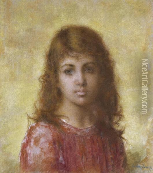 Portrait Of A Young Girl Against A Yellow Background Oil Painting - Alexei Alexeivich Harlamoff