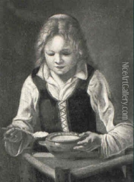 A Young Girl Standing At A Table With A Bowl Of Gruel Oil Painting - Giacomo Ceruti