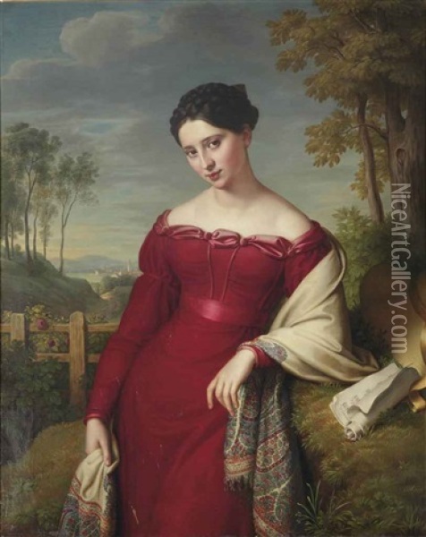 Potrait Of A Young Elegant Lady, In A Red Dress With An Embroidered Shawl, Standing In A Landscape Oil Painting - Eduard Friedrich Leybold