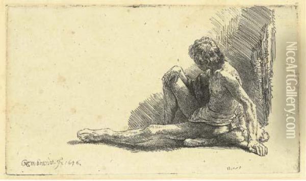 A Nude Man Seated On The Ground With One Leg Extended Oil Painting - Rembrandt Van Rijn