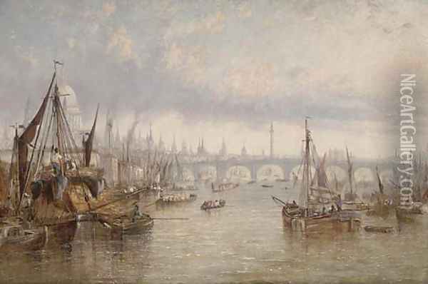 Hay barges on the Thames, St. Paul's Cathedral beyond Oil Painting - Francis Maltino