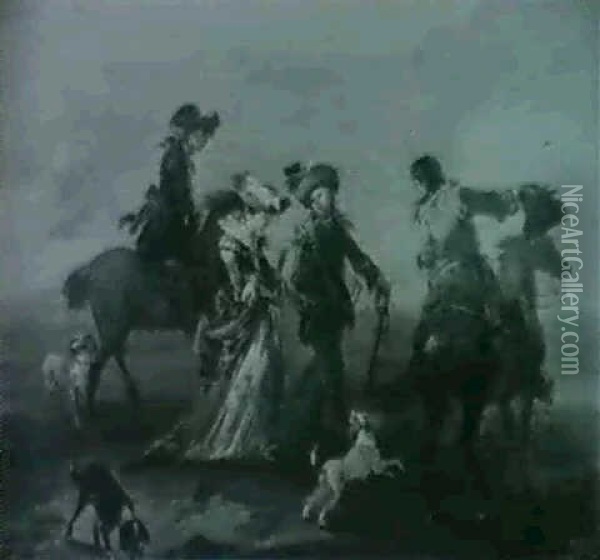 Kavalier Und Dame Mit Zwei Reitern Oil Painting - August Querfurt
