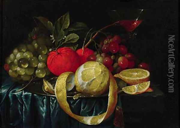 A peeled lemon, oranges, grapes on a pewter plate, and a Facon-de-Venice wineglass on a draped table Oil Painting - Cornelis De Heem