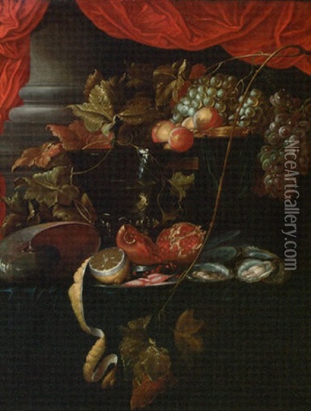 A Partly Peeled Lemon, Pomegranate, Prawns And Oysters On A Salver With A Roemer Oil Painting - Abraham van Beyeren