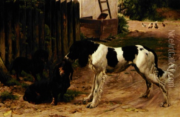 To Gravhunde Og En Saetter Oil Painting - Simon Simonsen