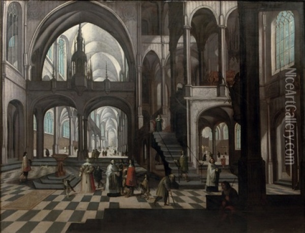 The Interior Of A Gothic Church With Elegant Figures Conversing Oil Painting - Peeter Neeffs the Elder