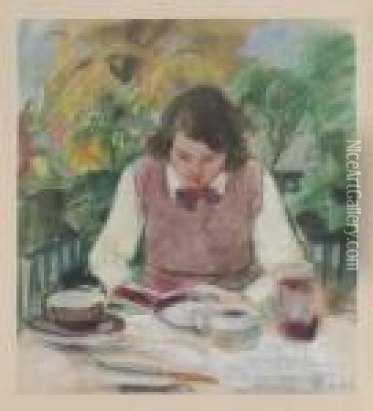Lesendes Madchen Am Fruhstuckstisch Oil Painting - Konrad Ruff