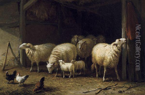 Moutons Et Poules Dans Une Etable Oil Painting - Eugene Joseph Verboeckhoven