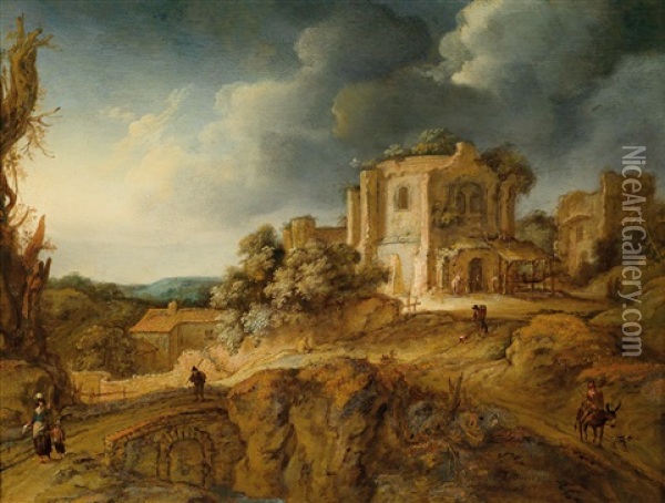 Ruinen Und Eine Brucke In Einer Hugeligen Landschaft Oil Painting - Johann Spilberg the Younger