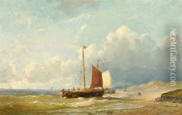 A View Of A Coast With Two Sailboats Oil Painting - Johannes Hermanus Barend Koekkoek
