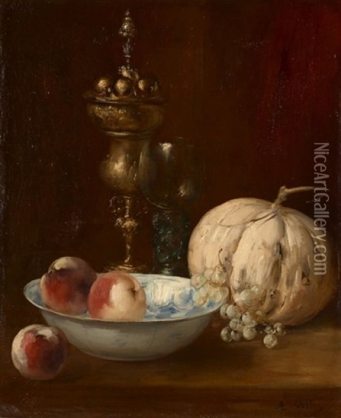 Composition Au Melon Et Au Romer, Raisins Et Peches Oil Painting - Antoine Vollon
