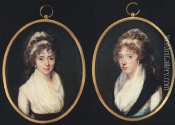 Portrait Of Lady Elizabeth Wearing White Bandeau In Her Long Hair, Drop Pearl Earrings And White Dress Oil Painting - Francois Ferriere