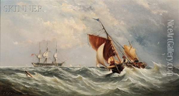 Sailboat On A Turbulent Sea Oil Painting - Ebenezer Colls