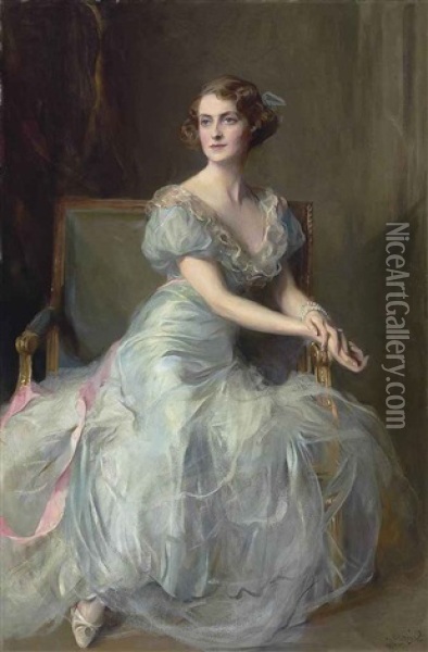 Portrait Of Lady Illingworth, In A Blue Ball Gown With Pink Ribbon Oil Painting - Philip Alexius De Laszlo