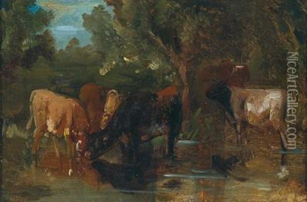 Woodland Landscape With Cattle At The Watering Place Oil Painting - Friedrich Johann Voltz