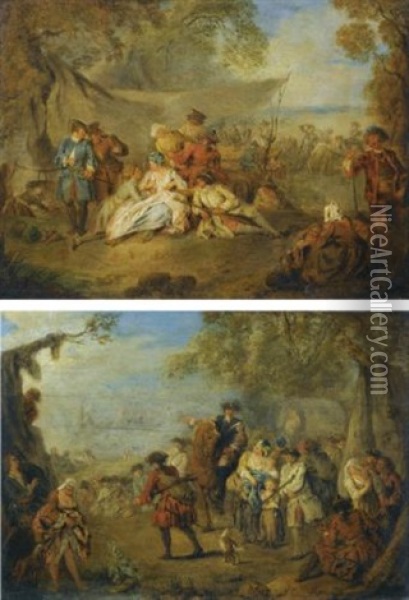 Figures Resting In A Military Encampment (+ Figures In A Military Encampment With A Horseman Directing Troops, Lrgr; Pair) Oil Painting - Jean-Baptiste Pater