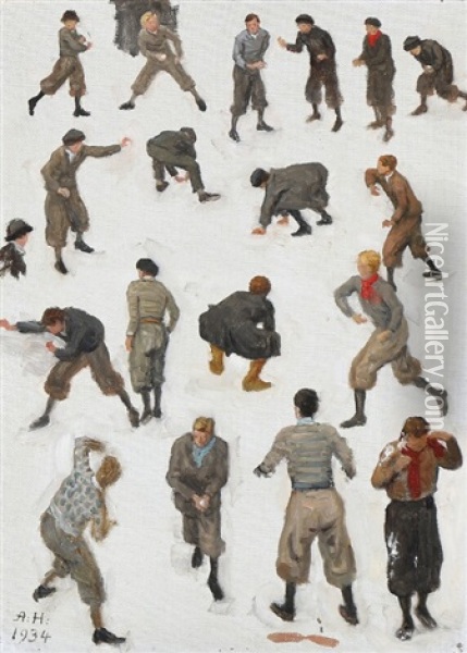 Study Of Boys Throwing Snowballs Oil Painting - Axel Hou