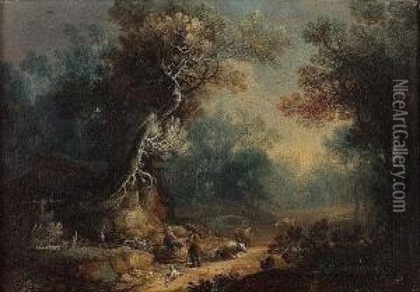 A Wooded Landscape With A Drover
 And Cattle On A Track; And A Wooded Landscape With Peasants Resting By A
 Tree Oil Painting - Maximilian Joseph Schinnagl