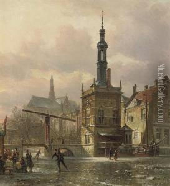 Skaters In Front Of The Accijnstoren With The St. Laurentius Church Beyond, Alkmaar Oil Painting - Elias Pieter van Bommel
