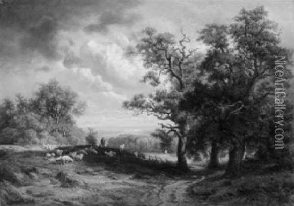 Schafer Mit Herde Auf Einer Bewaldeten Anhohe. Am Horizont Ein Bayerischer See Oil Painting - Wilhelm Boshart