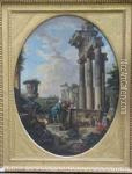 Tourists Inspecting Ancient Roman Monuments Oil Painting - Giovanni Niccolo Servandoni