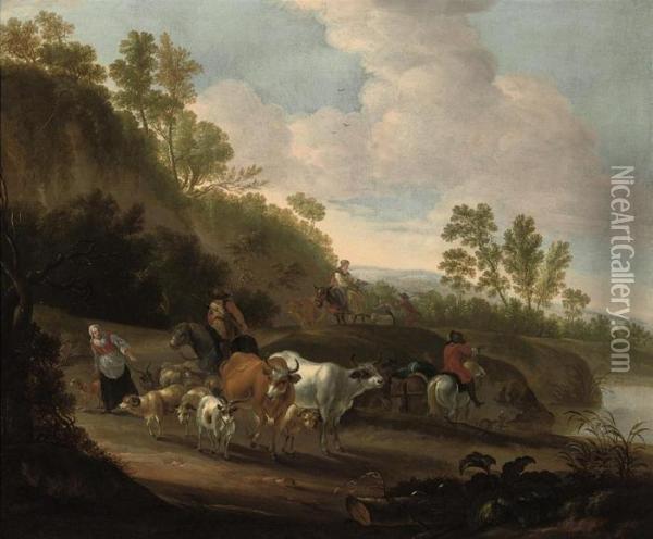 Drovers With Cattle And Goats On A Riverside Track Oil Painting - Nicolaes Berchem