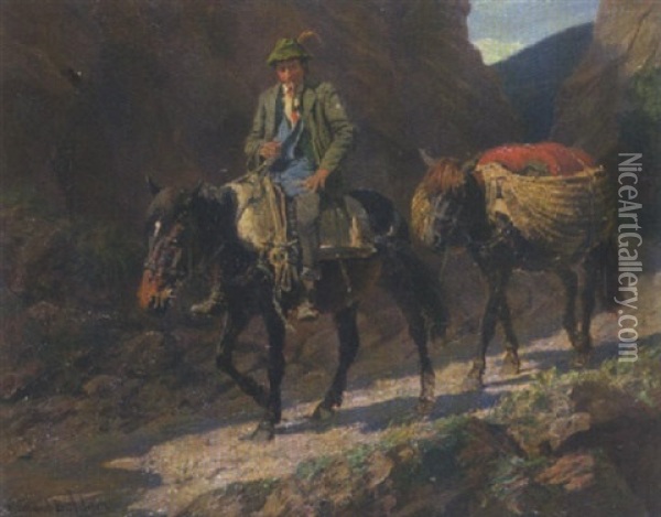 Bauernbursche Zu Pferd Und Mit Einem Maultier Oil Painting - Richard Benno Adam