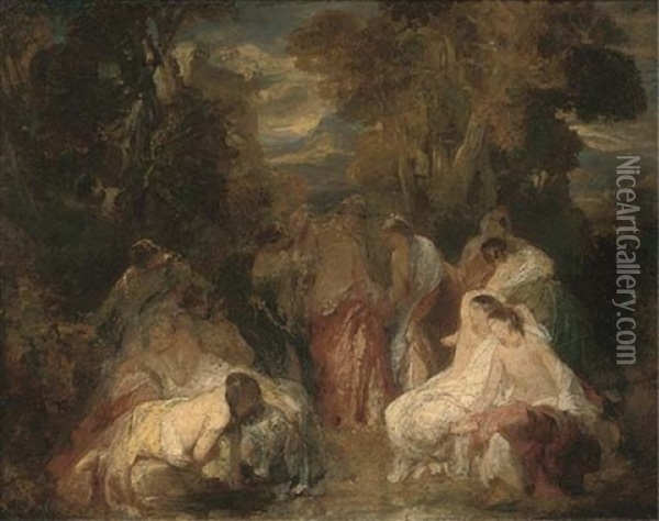 Maidens Bathing At A Woodland Pool Oil Painting - Eugene Delacroix