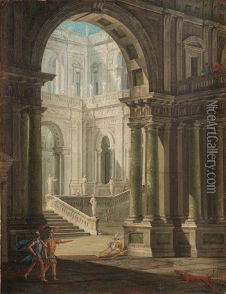 A Palace Interior With Soldiers In The Foreground Oil Painting - Giuseppe Galli Bibiena