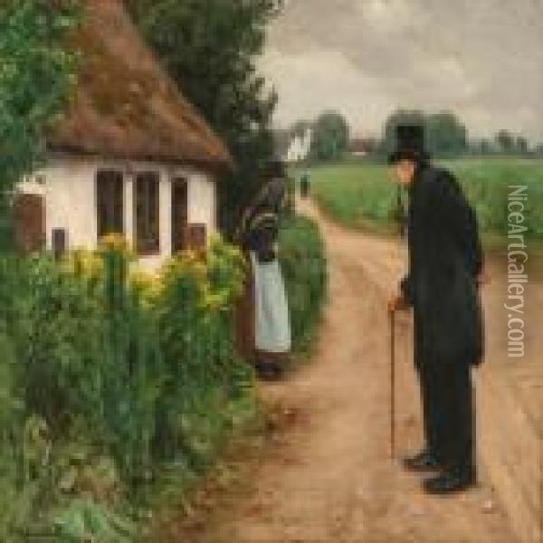 An Old Coupletalking In Front Of A Thatched House Oil Painting - Hans Anderson Brendekilde