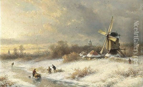 Wood Gatherers In A Winter Landscape Oil Painting - Lodewijk Johannes Kleijn