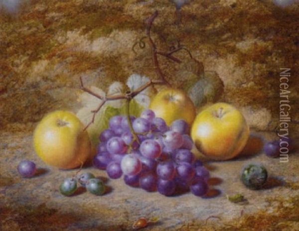 Grapes, Apples, And A Plum, On A Mossy Bank Oil Painting - Charles Archer