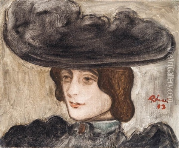 Lady In Black Hat Oil Painting - Jozsef Rippl-Ronai