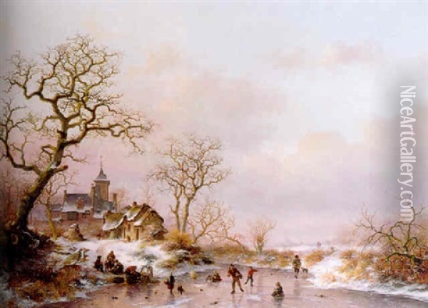 Winter: Townsfolk Skating On A Frozen Waterway Near A Fortified Mansion At Dusk Oil Painting - Frederik Marinus Kruseman