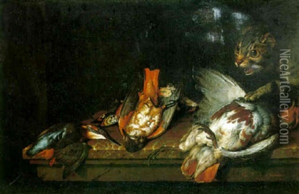 A Cat With Dead Birds On A Marble Ledge Oil Painting - Philipp Ferdinand de Hamilton