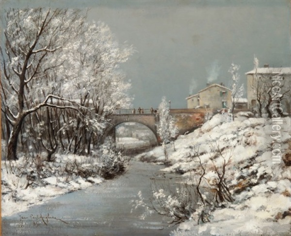 Winterliche Landschaft Mit Brucke Oil Painting - Jean Paul Anglade