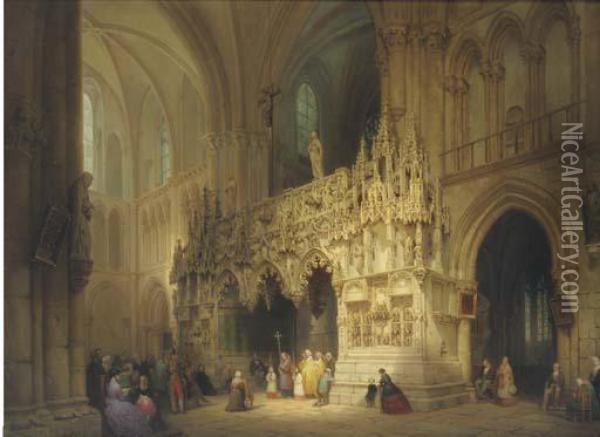 A Cathedral Interior With Figures At Mass Oil Painting - Luigi Bisi