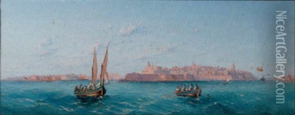 The Entrance To The Grand Harbour, Valletta, Malta Oil Painting - Luigi Maria Galea