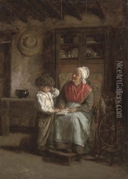 The Reading Lesson Oil Painting - Theophile Emmanuel Duverger