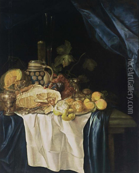 A Still Life With A Ham On A Silver Plate, A Melon, Oranges, Peaches, A Lemon, Grapes And Figs, A Mustard Jar, A Sugar Bowl, A Stoneware Jug, And Two Flutes, All On A Draped Table Oil Painting - Gregorius De Coninck