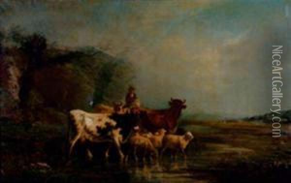 Vaches Et Moutons S'abreuvant Oil Painting - Antonio Cordero Cortes