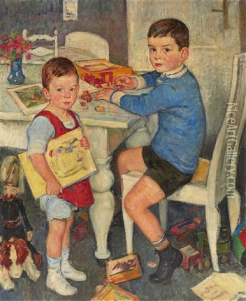 Doppelportrat Zweier Bruder Mit Ihrem Spielzeug Oil Painting - Heinrich Linde-Walther