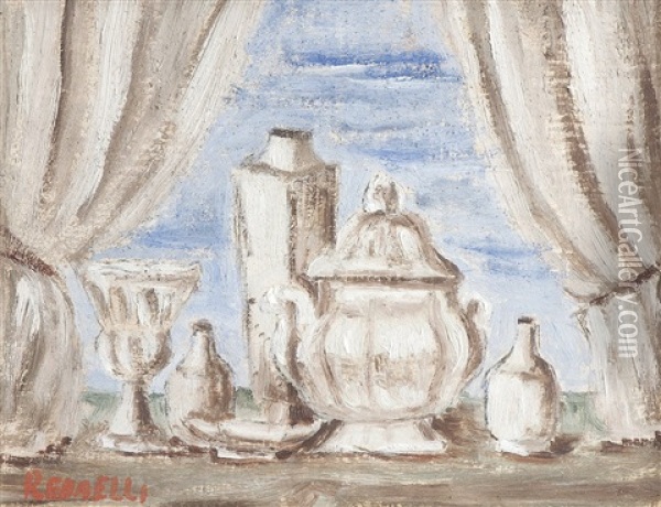 Stillleben Mit Kanne, Glas, Vase Und Flaschen Vor Geoffnetem Fenster Oil Painting - Piero Redaelli