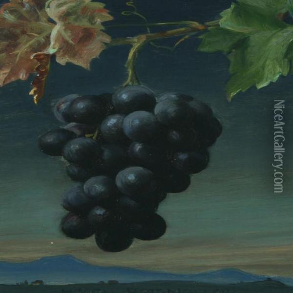 Bunch Of Grapes, In The Background Landscape Oil Painting - Harald Slott-Moller