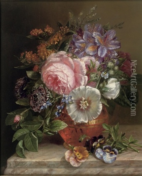 Bouquet Of Summer Flowers On A Marble Edge Oil Painting - Adriana Johanna Haanen