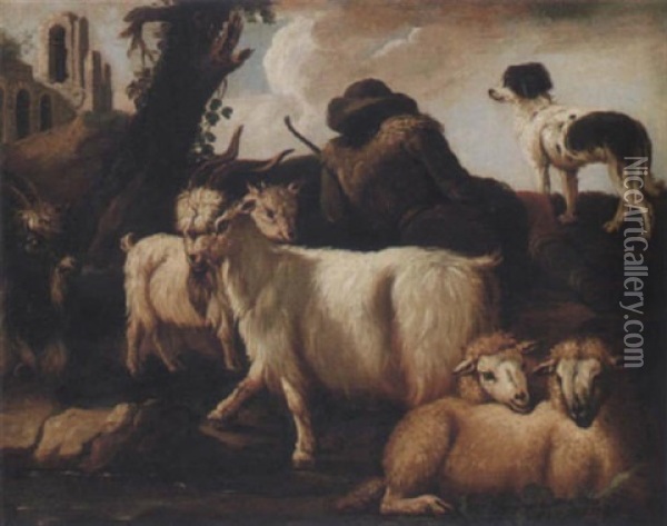 Ruinlandskap Med Herde, Baggar, Far Och Hund Oil Painting - Cajetan Roos